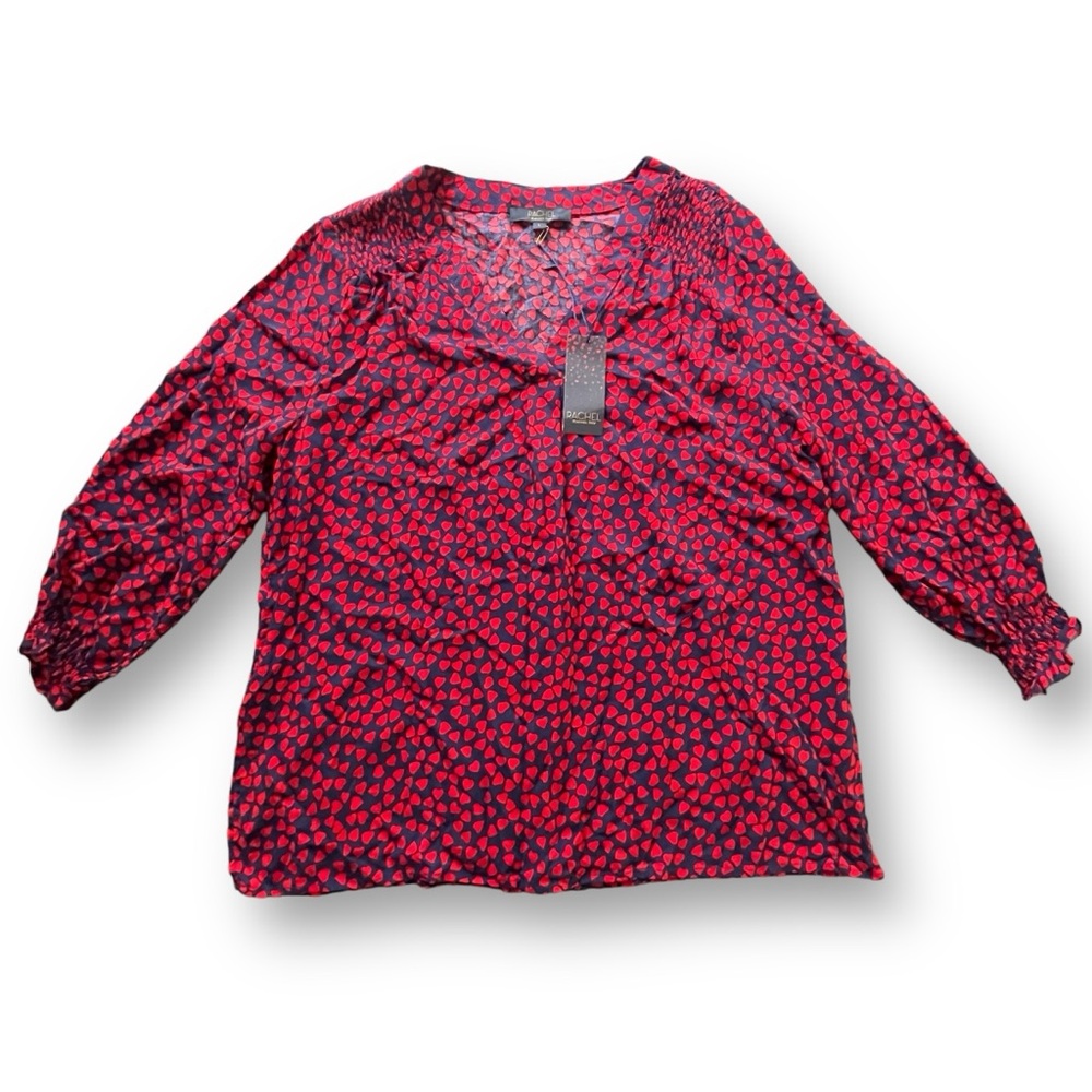 Rachel Roy Navy/Red Heart Novelty Print Longsleeve Blouse Women’s Large NWT